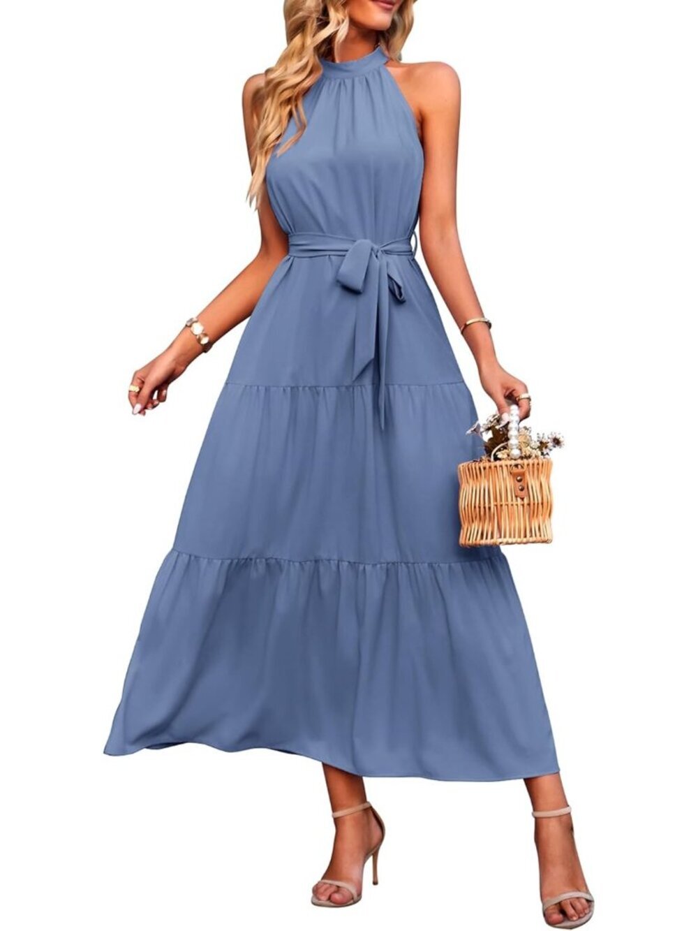 Women's Solid Grey Blue Floral Maxi Dress Sleeveless Halter Neck Flowy Ruffle